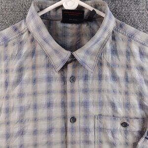 Mammut XL Blue Gray Beige Short Sleeve Button Up Seersucker Polyester Blend Men